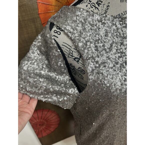 Sequin Shift Tunic T-Shirt Mini Dress Cut Out Sleeve Plunging Back Glam Chic SM - Picture 3 of 4